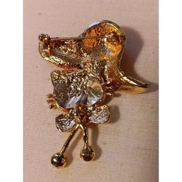 Whiskered Kitty Brooch Enamel Red Hat W/Red&Clear Rhinestones Gold Tone - Picture 4 of 5